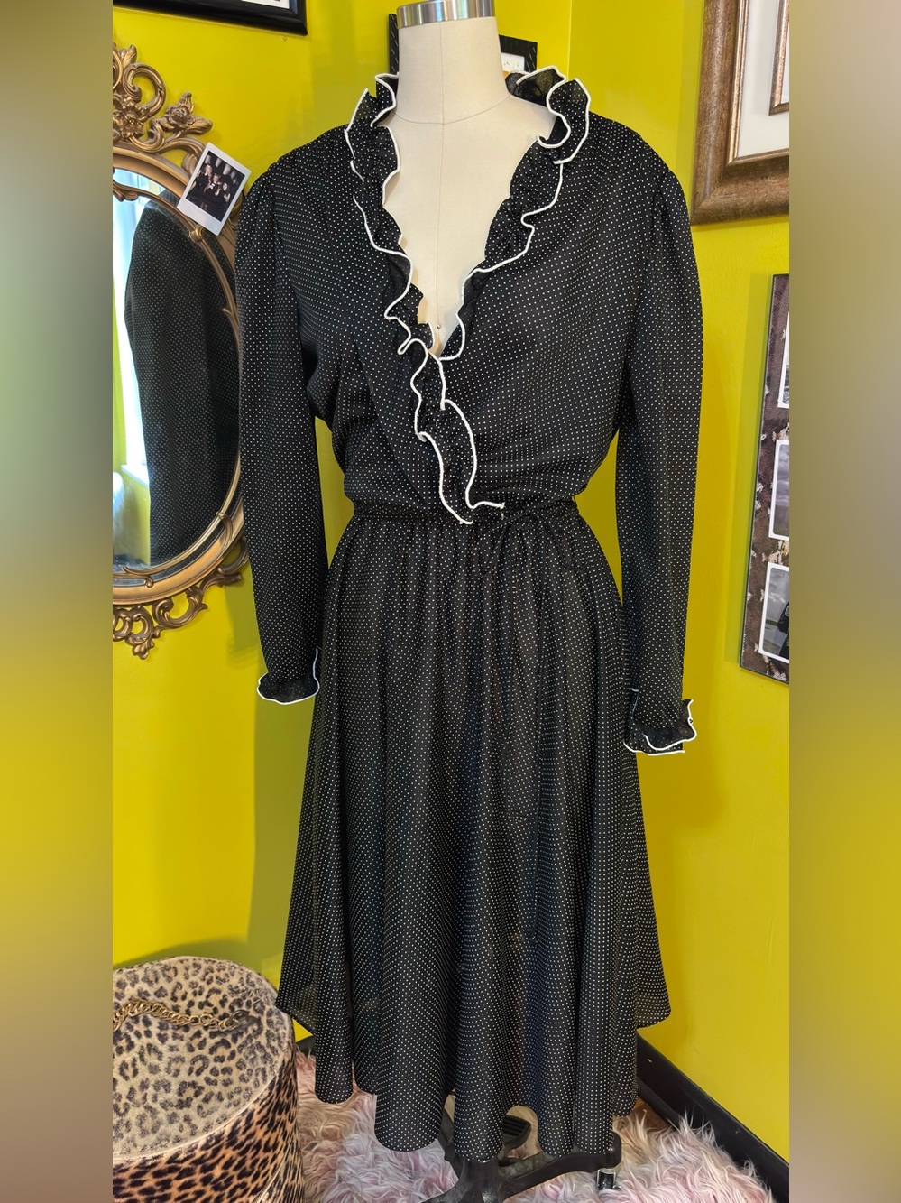 Vintage Black Ruffled Polkadot Long Sleeve Polyester Dress Medium Large